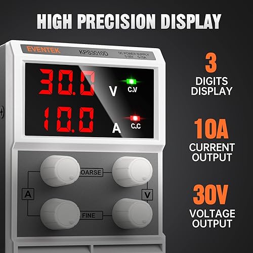 Miniatura 2 de Fuente de poder variable Eventek KPS3010D de CD, de 0 - 30V  0 - 10A con una fuente de alimentación digital con regulador de conmutación ajustable,