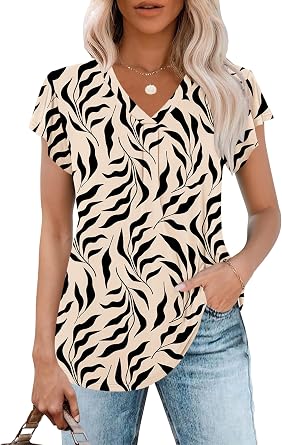 WNEEDU Women's Summer Tops Ruffle Sleeve V Neck Tunic Tops Casual Loose Fit Shirts Blouses