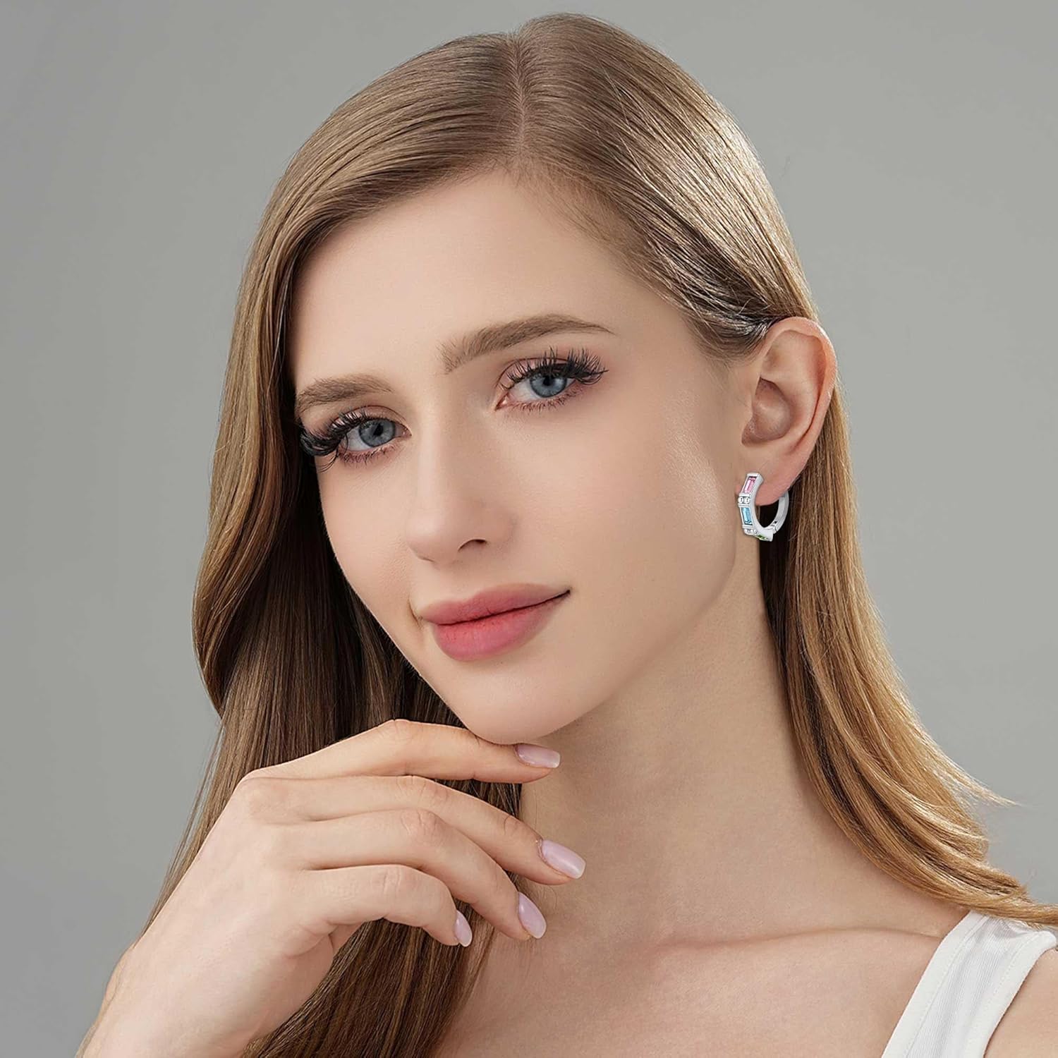 Austrian Crystal Baguette Hoop Earrings for Women 14K White Gold Plated Hypoallergenic Huggie Earrings Trendy Jewelry Gift - Image 2