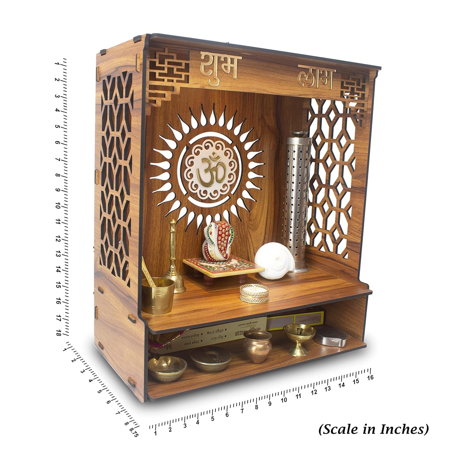 Pooja Mandir in legno per la casa e l'ufficio Pooja Stand moderno Puja Mandir per casa da parete con faretti LED dimensioni (45,7 cm, L - 40,6 cm, W-21,7 cm)