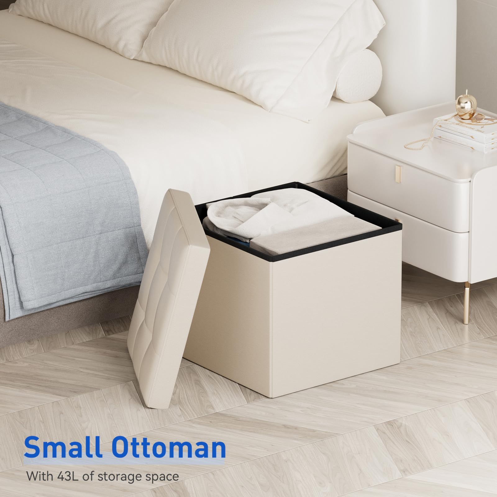 BRIAN & DANY Pouf Rangement Pliable, Cube Tabouret de Rangement avec Couvercle, Petit Pouf Coffre en Cuir pour Chambre Salon Repose, 38 x 38 x 38 cm, Beige