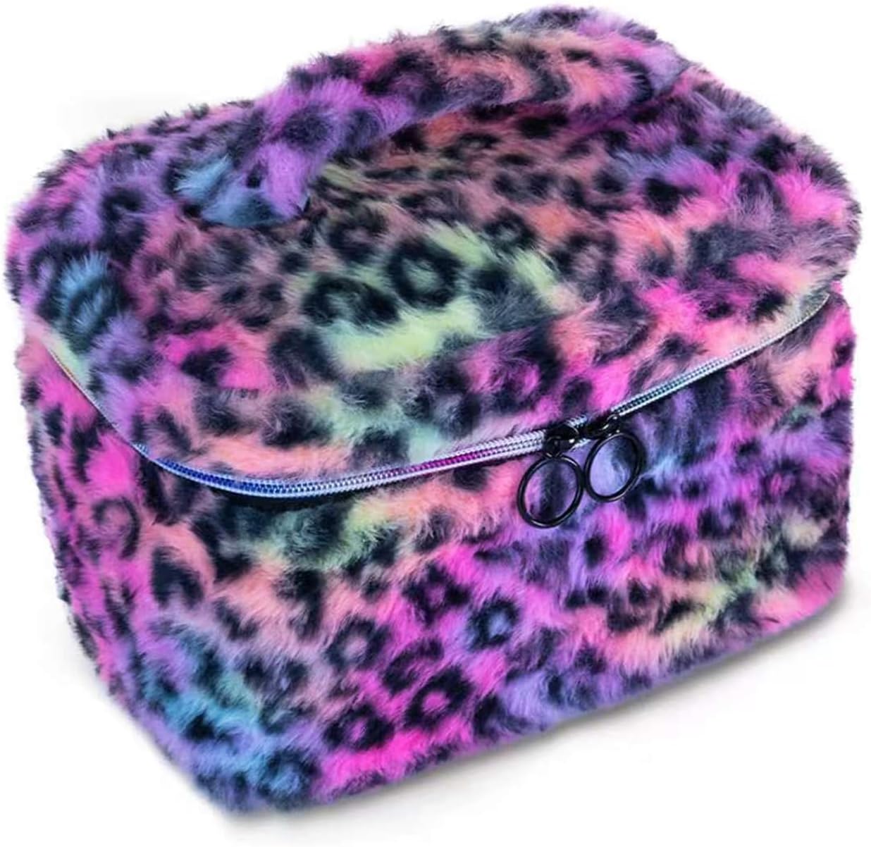 Plush Makeup Bag for Women, Leopard Print Faux Fur Travel Cosmetic Organizer, 10.2 x 7 x 7 in Soft Fluffy Toiletry Bag for Makeup, Skincare and Beauty Essentials (Rainbow Leopard)