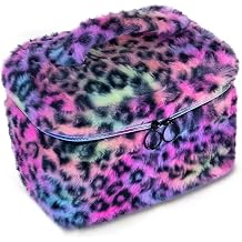Plush Makeup Bag for Women, Leopard Print Faux Fur Travel Cosmetic Organizer, 10.2 x 7 x 7 in Soft Fluffy Toiletry Bag for Makeup, Skincare and Beauty Essentials Rainbow Leopard