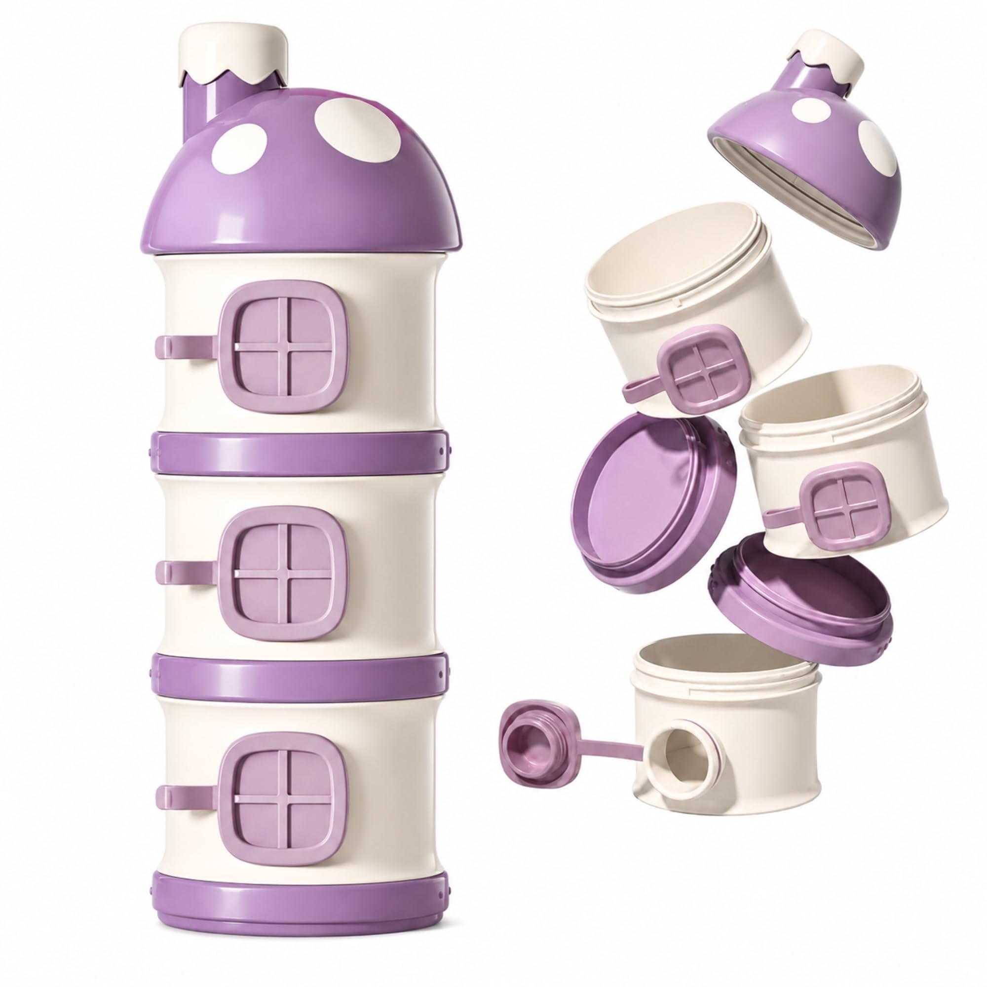 Twisoo Baby Formula Milk Powder Storage Dispenser - Infant Toddler Food Container with Non-Spill 3 Compartments - Smart Stackable Baby Feeding Travel Storage, Kids Snack Holder, Bpa-Free (Purple)-image-14