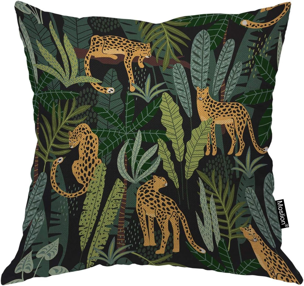 Moslion Tiger Pillow Cover Wild Animals Tigers Leopard in Jungle Palm Tree Leaf Throw Pillow Case 16x16 Inch Cotton Linen Square Cushion Decorative Cover for Sofa Bed Brown Green