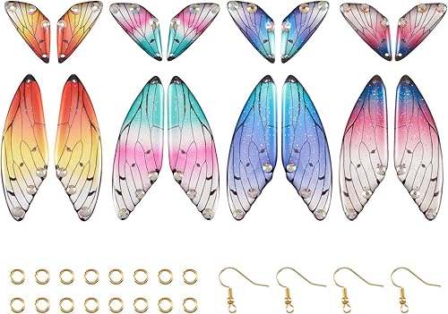 FASHEWELRY 16 aretes de resina con alas de libélula y arco iris, mariposa, colgantes, alas de hada, coloridos dijes con ganchos para aretes, anillos