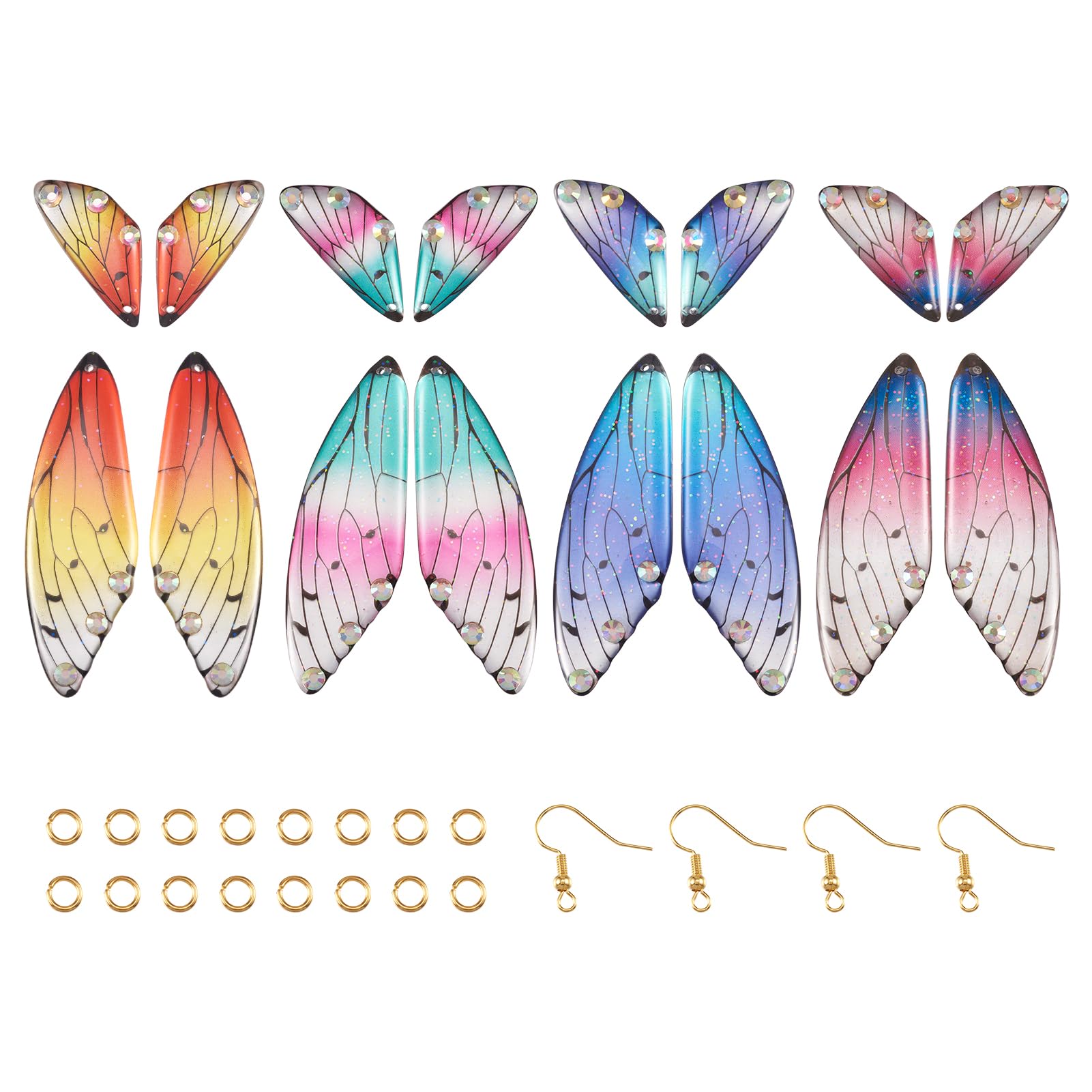 PandaHall 16pcs Resin Butterfly Wings Pendants Insect Dragonfly Wing Charms Fairy Wing Dangle Earring Charms with Rhinestone for Jewellery Making