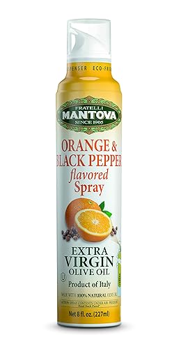 Mantova Spray de aceite de oliva virgen extra naranja y pimienta negra, espray de cocina saludable para el corazón, perfecto para ensaladas y pasta,