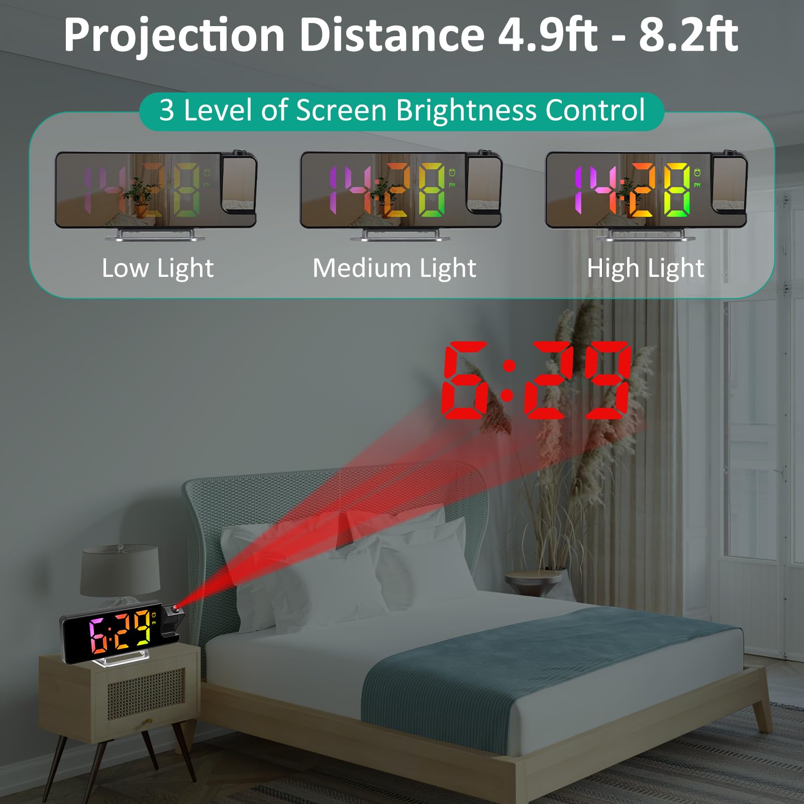 Sveglia con Proiettore, 7,9 Pollici Sveglia Digitale da Comodino con Proiettore con Rotazione di 180°, Orologio a Specchio LED con Temperatura, Snooze, 3 Luminosità, 12/24H, Cifre Colorate