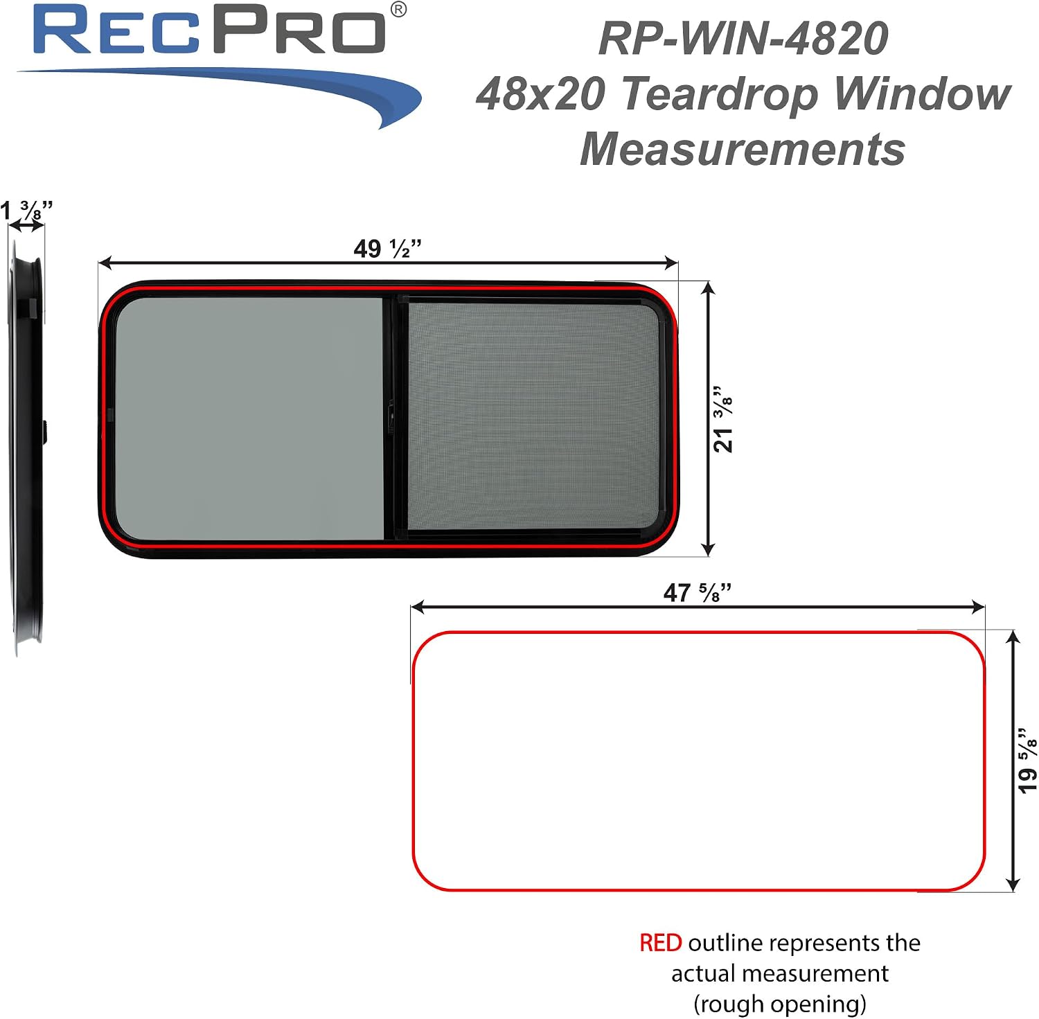 RecPro RV Teardrop Horizontal or Vertical Slide Window with Trim | Tinted Glass | Tempered | Made in the USA (Horizontal, 48" x 20")