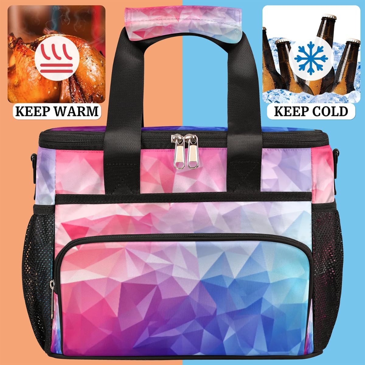 Red Blue Texture Insulated Picnic Backpack Lunch Box for Women Men Picnic Basket Tote Lunch Bag Picnic Bag Portable Lunch Bags for Picnic, Beach, Work, Trip,Office, Camp Abstract Geometric