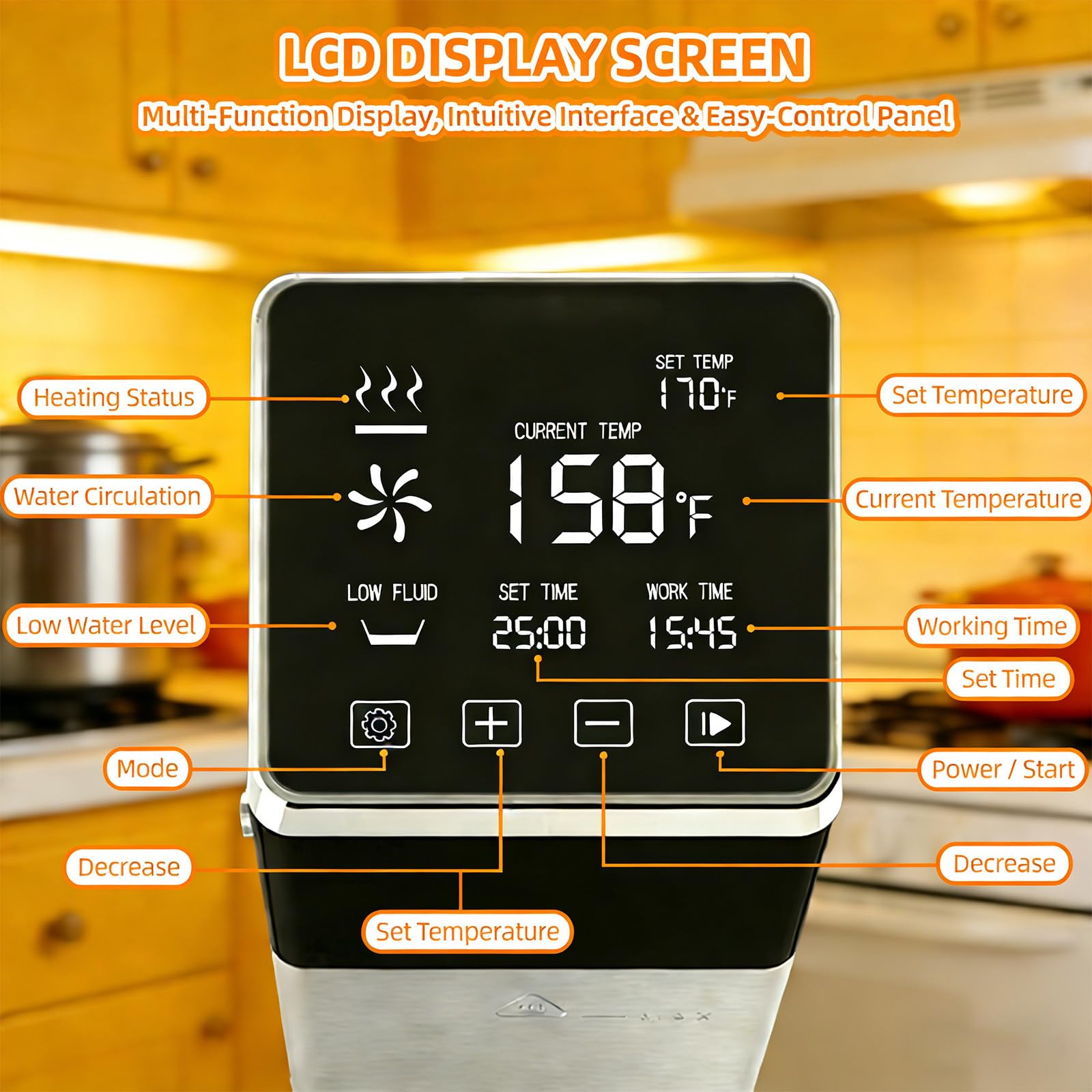 Cocinero Circulador Sous Vide de 1600W con Pantalla Táctil, Calentamiento Rápido, para Chefs, Carnes, Mariscos y Verduras en Casa