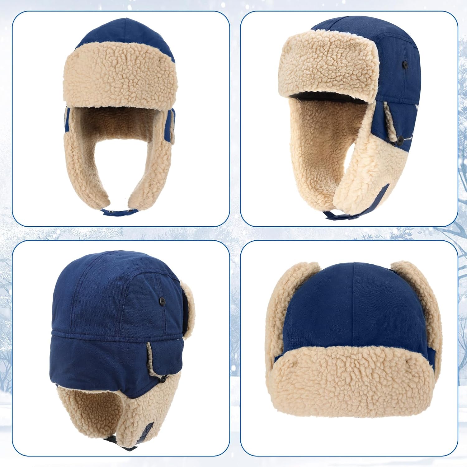 JaGely 4 Pcs Pilot Hat and Goggles Flight Costume Accessories Pilot Helmet Cap with Ear Flaps Hat Adults Winter(Trendy,Blue and Khaki)
