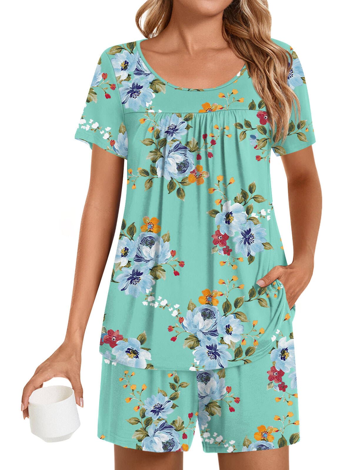 POPYOUNG Womens Pajama Sets Summer Short Sleeves 2 Piece Lounge Sleepwear Ladies Pjs Sets with Pockets