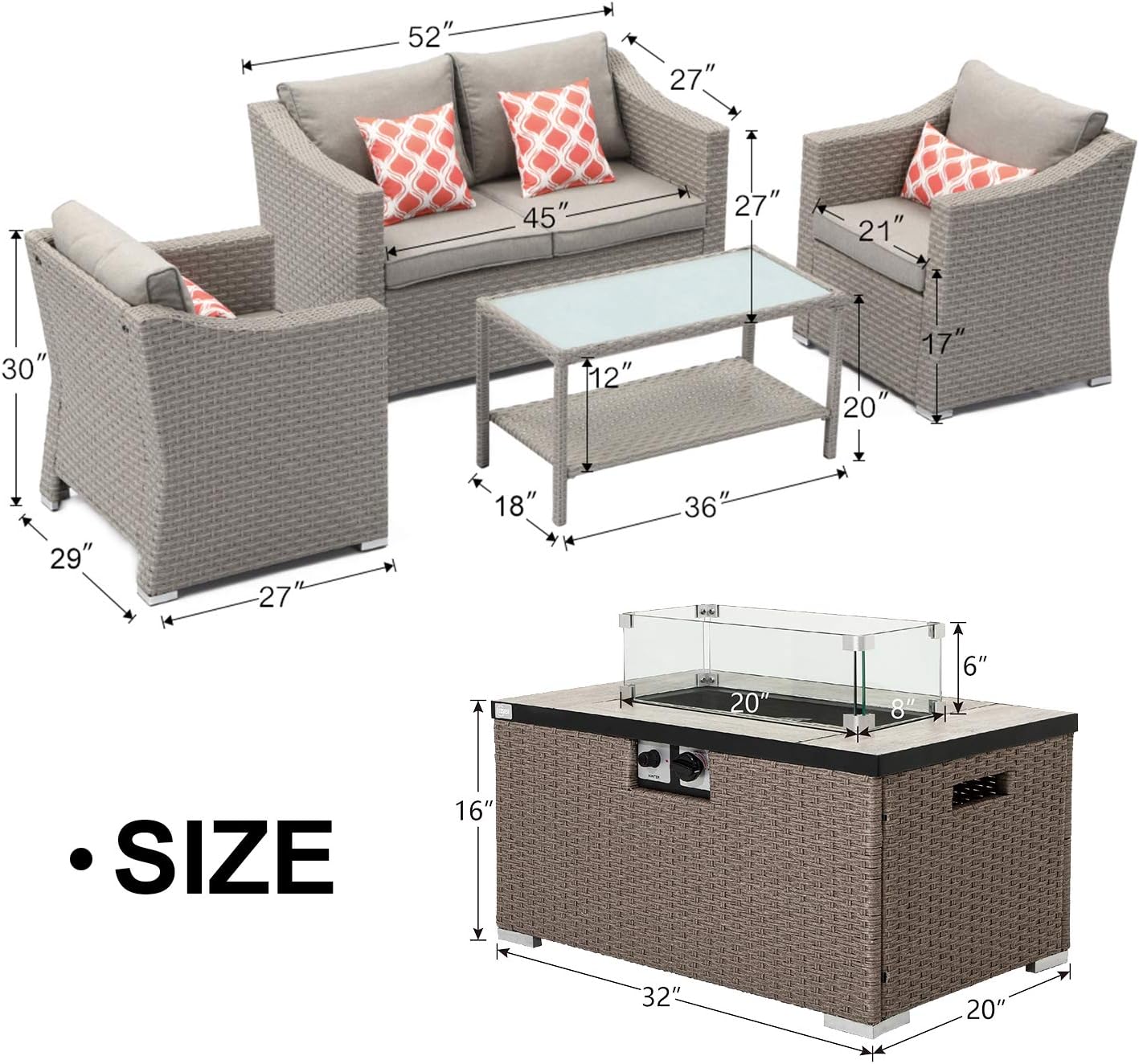 Gеt Pорulаr оƒƒеr COSIEST 4-Piece Fire Pit Table Outdoor Furniture, Warm Gray Wicker Conversation Set, 4 Coral Pillows w 32-inch Rectangle Wicker Fire Table (40,000BTU) Fits 20lb Tank Outside w Glass Wind Guard