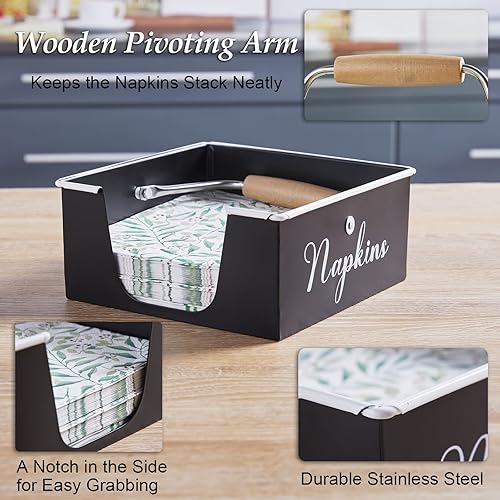 Miniatura 3 de Servilletero negro para mesa, servilleteros de metal rústico Bivvclaz para servilletas de papel, servilleteros para cocina con acento de madera,