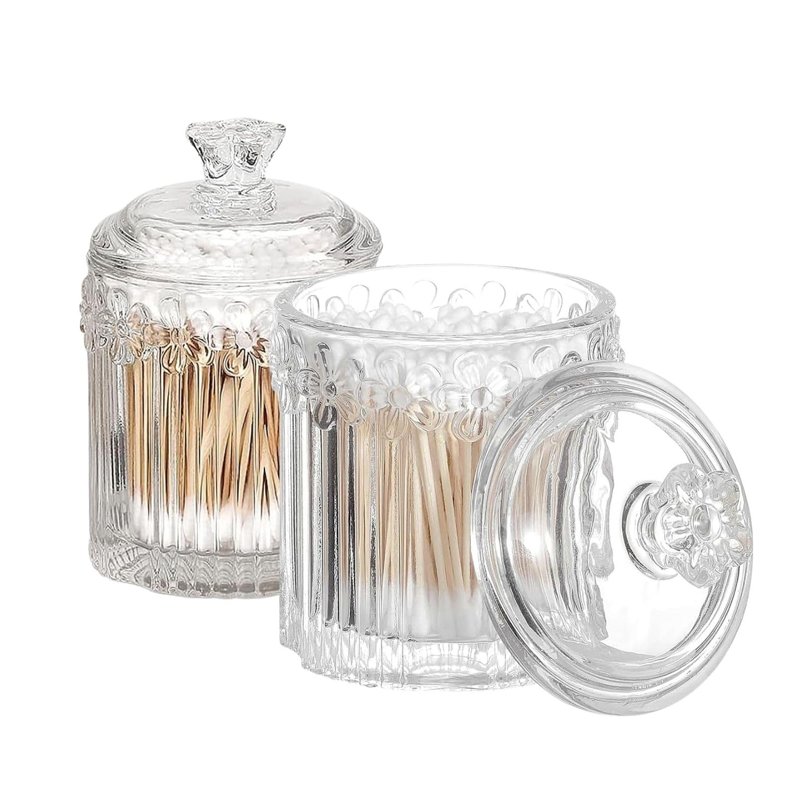2 Pack Glass Qtip Holder Apothecary Jars with Lids Cotton Swab and Round Organizer Bathroom Vanity Storage Canisters