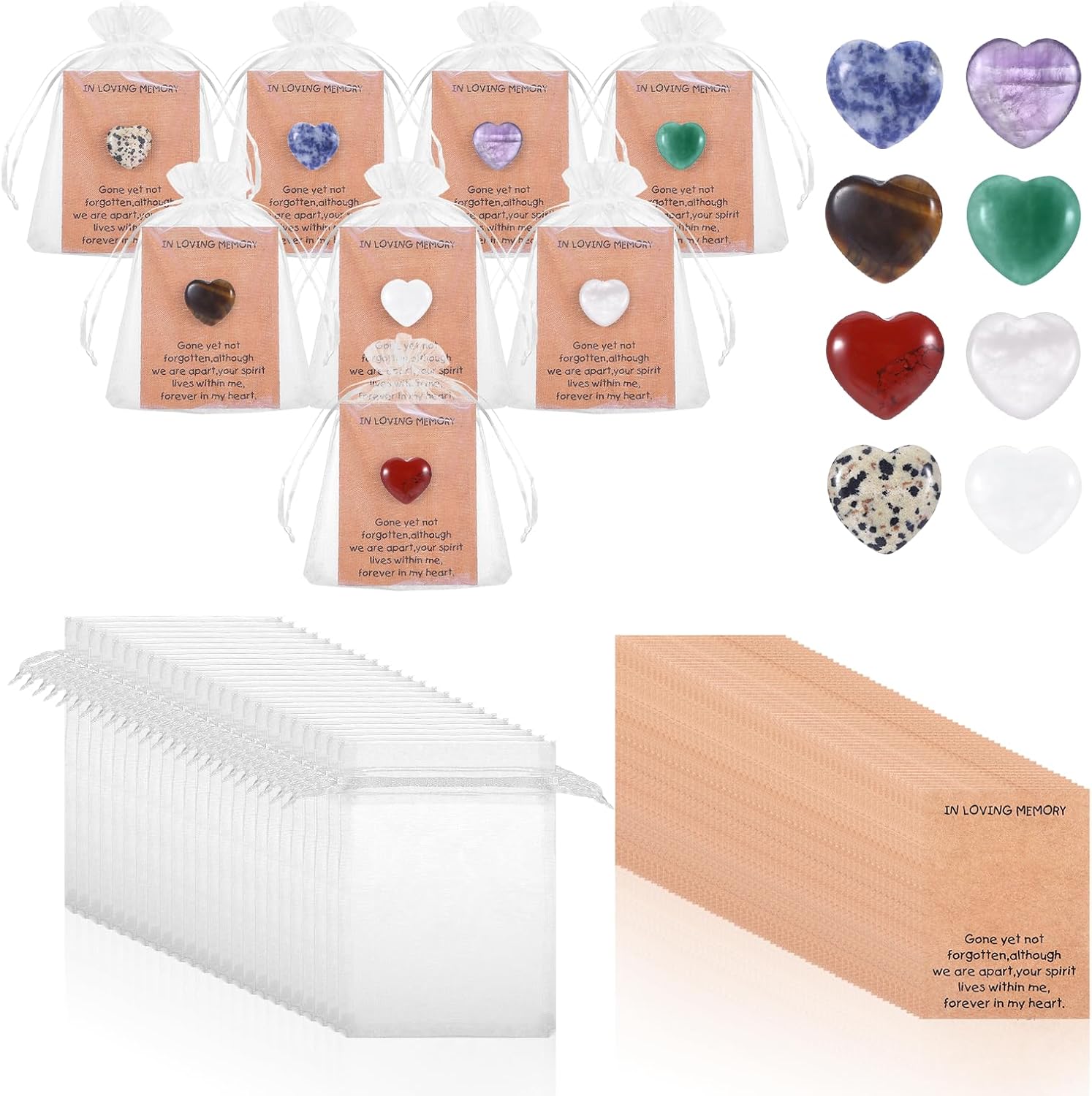 80 Pcs Funeral Sympathy Favors Thank You Set,Celebration of Life Decorations,Celebration of Life Ideas with Memorial Cards,Heart Shape Stones,Organza Bags for Guests Return Favors