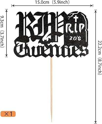 Miniatura 10 de 1 adorno para pastel de cumpleaños de los años 20 con purpurina negra de Death to My Twenties, decoración de pastel de cumpleaños Rip to My 20s para