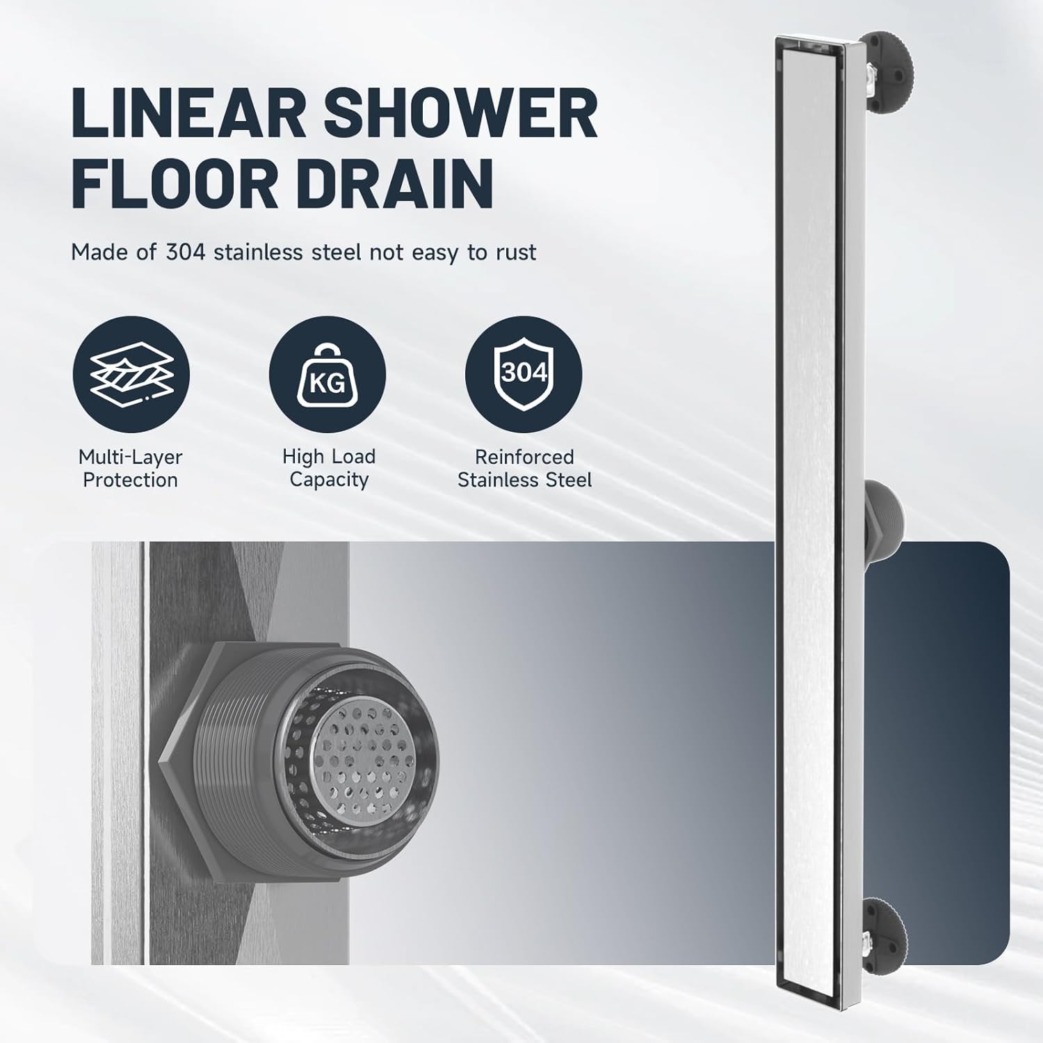 28 Inch Linear Shower Drain with Brick Pattern Grate, SUS 304 Stainless Steel Bathroom Floor Drain, Rectangular Hair Catcher Shower Drain with Leveling Feet, Hair Strainer, Brushed Nickel
