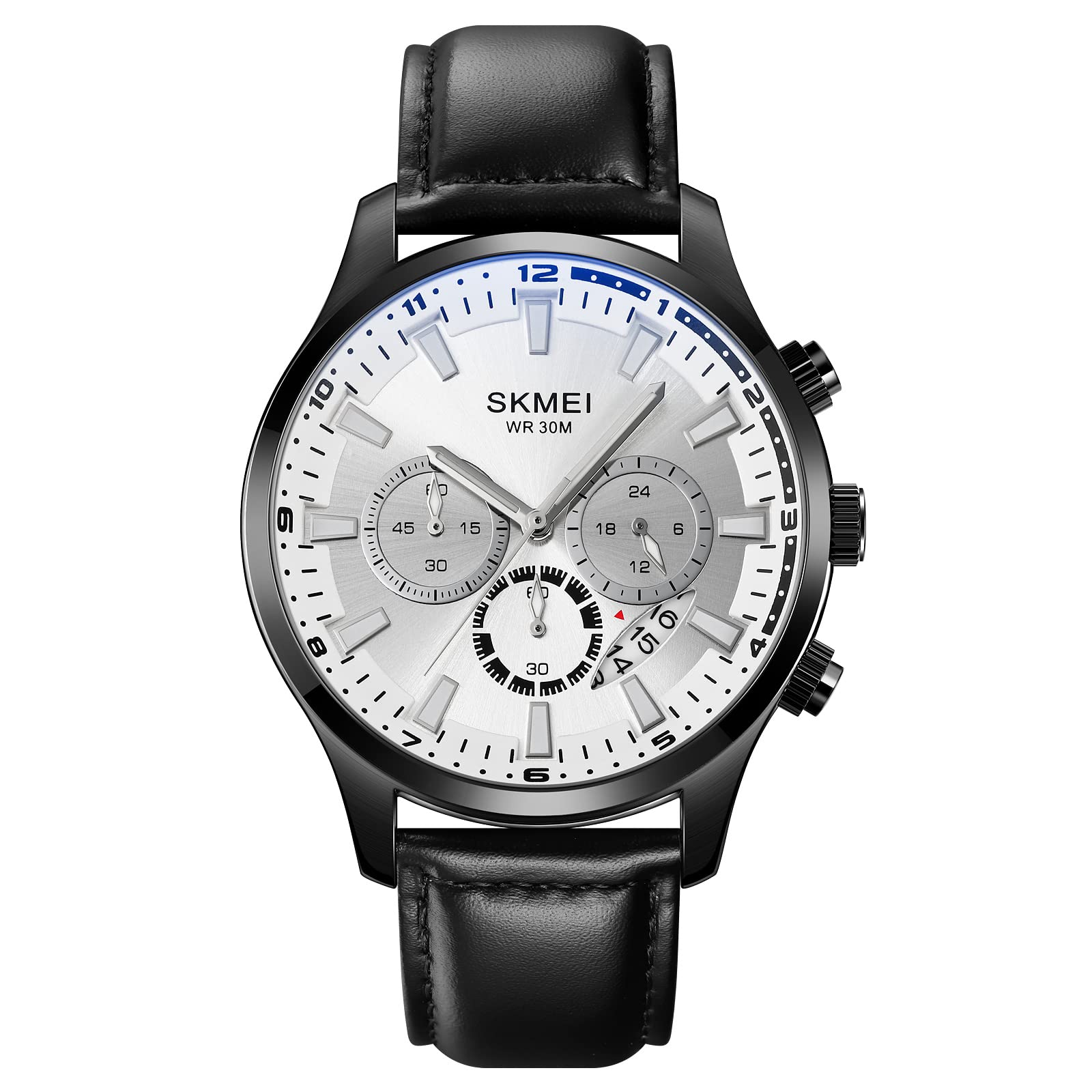 SKMEI Men Watch Leather Strap Luxury Waterproof Fashion Business Analog Quartz Chronograph Father Gift Watch - 2052, Silver Dial, Silver Band (B0C3DCDJMW) Amazon Price History, Amazon Price Tracker
