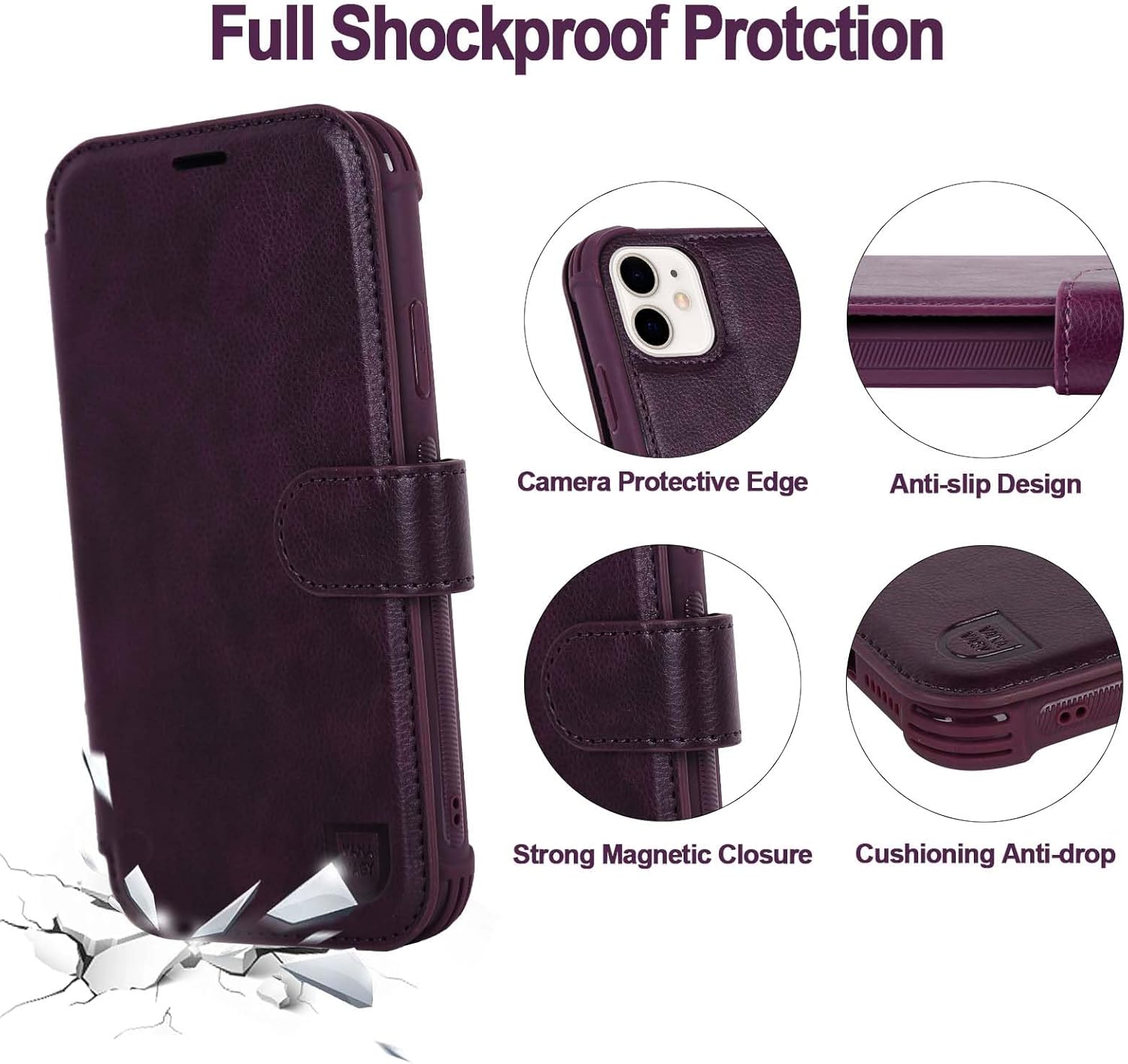 VANAVAGY Compatible for iPhone 11 Wallet Case for Women Men, PU Leather Flip Phone Cover with Wrist Strap for Wireless Charging with RFID Blocking Card Holder Screen Protector, Purple