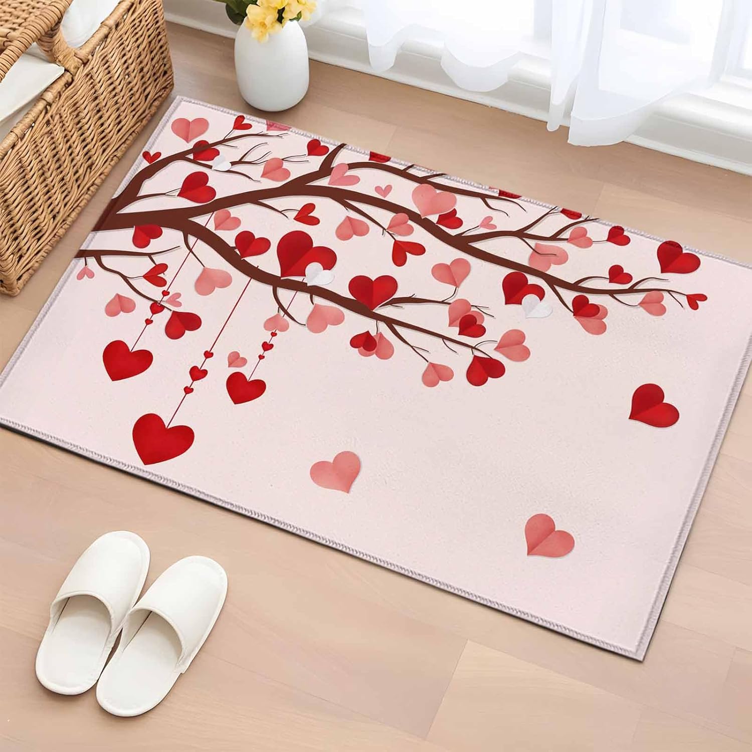 Valentine's Day 2x3 Small Rug for Entryway Kitchen Front Door Red Love Tree Heart Petal Pink Ombre Romantic Washable Throw Rug Absorbent Non-Slip Indoor Floor Mat for Kitchen Entrance Dog