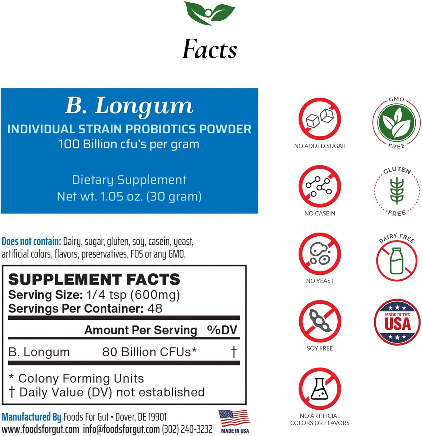 Bifidobacterium Longum Probiotic Powder 100 Billion cfu's | Made in USA | No Additives | Direct from Manufacturer | No Third-Party Storage | Immune Support | B. Longum | 30 Grams (1.05 Oz) - Image 2