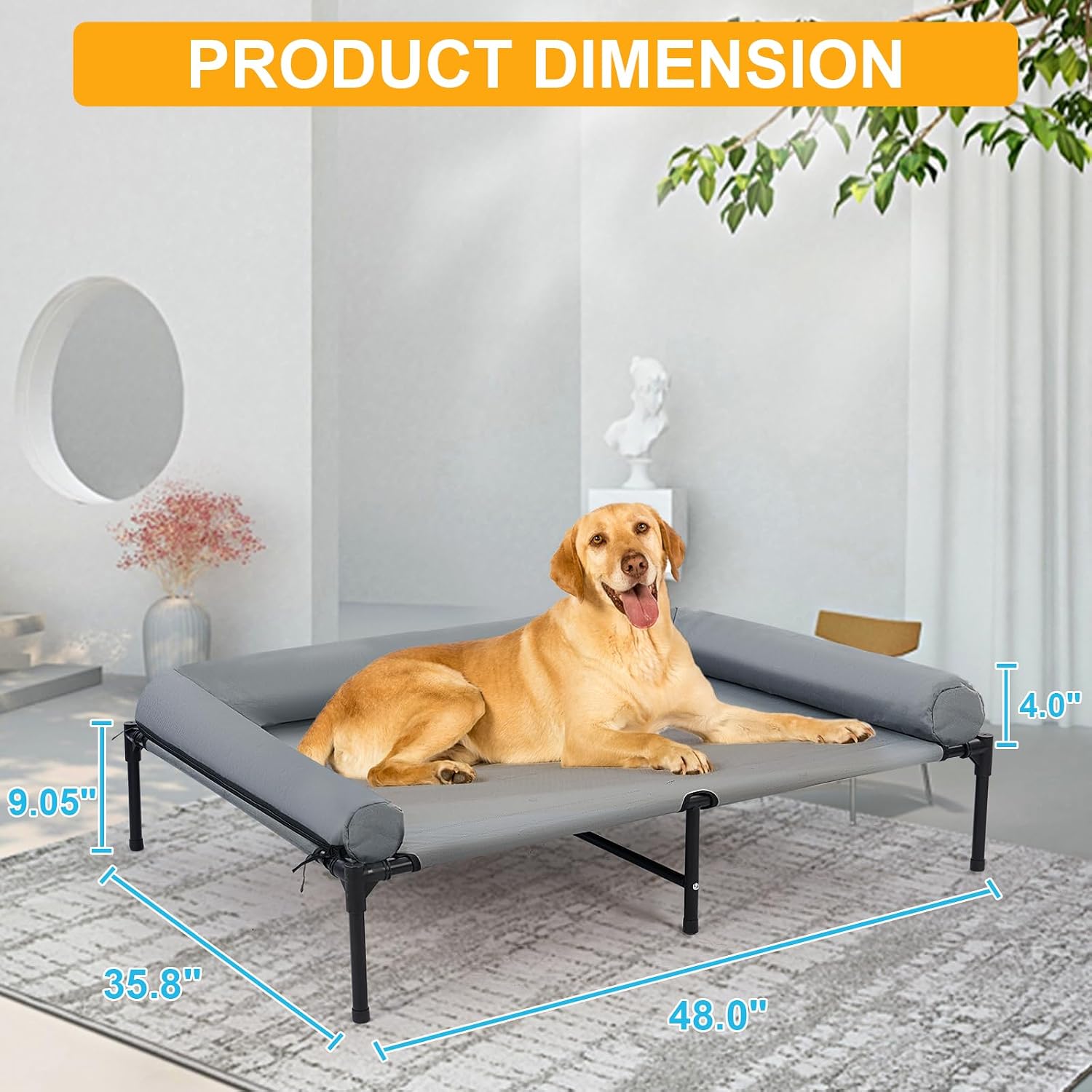 48'' Outdoor Elevated Dog Bed with Pillow, Raised Dogs Bed with Six Support Feet, Breathable Cooling Dog Cot Beds Medium Large Size Dogs, Outdoor Pet Hammock Beds, Pet Beds with 4 Ice Pack(X-Large)