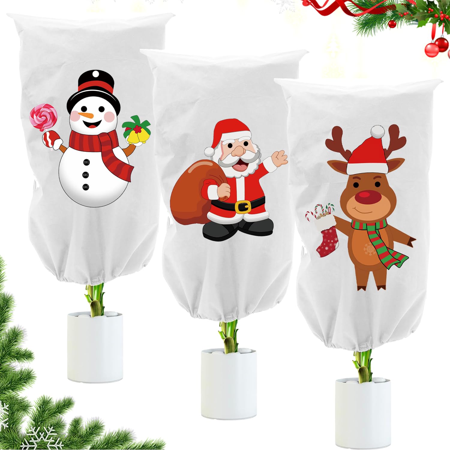 Housse Hivernage Pour Plantes - Lot De 3, 90x110 Cm, Motifs Noël, Cordon Et Zip