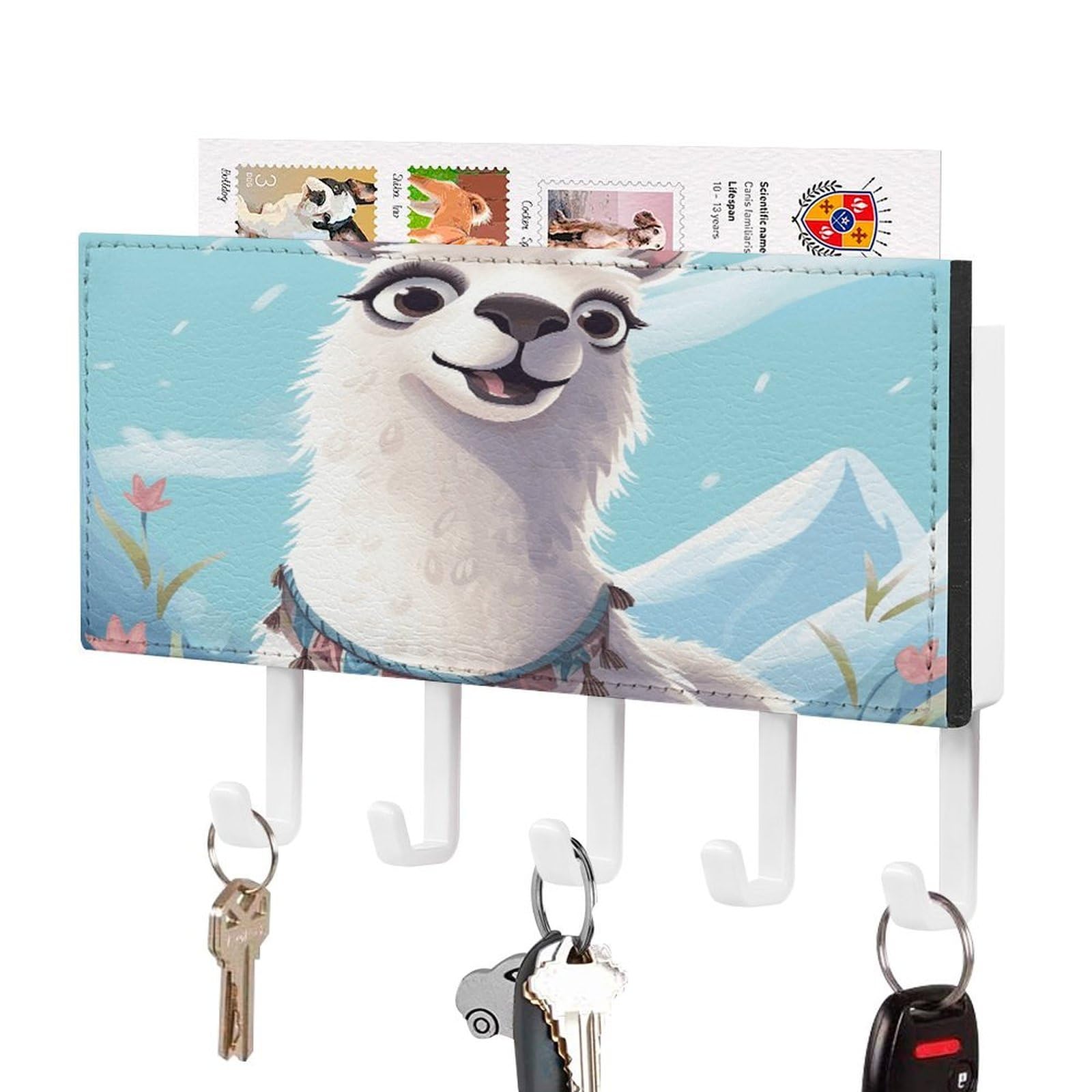 Vstadank White-Style Llama Key Holder Wall Mount Pu Key Rack Decorative Key And Mail Holder Wall Key Organizer With 5 Key Hooks Key Hanger For Entryway Kitchen Living Room Office Doorway Decor White
