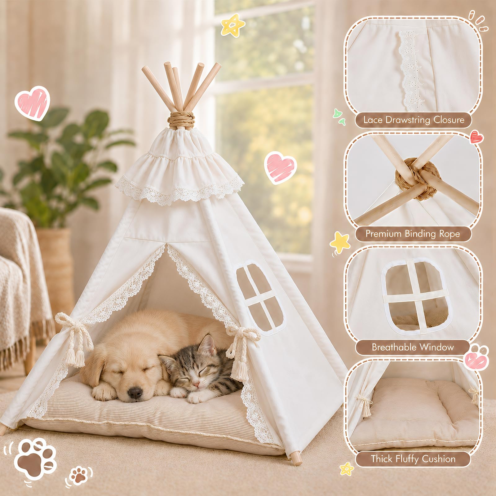 Tipi Zelt für Hunde und Katzen 60x60x70cm, 5-Eckiges Kiefernholz Haustierzelt mit Doppelseitigem Kissen, Waschbare Hundehöhle für Mittelgroße Hunde bis 15kg Indoor, Cremeweiß, 1 Stück