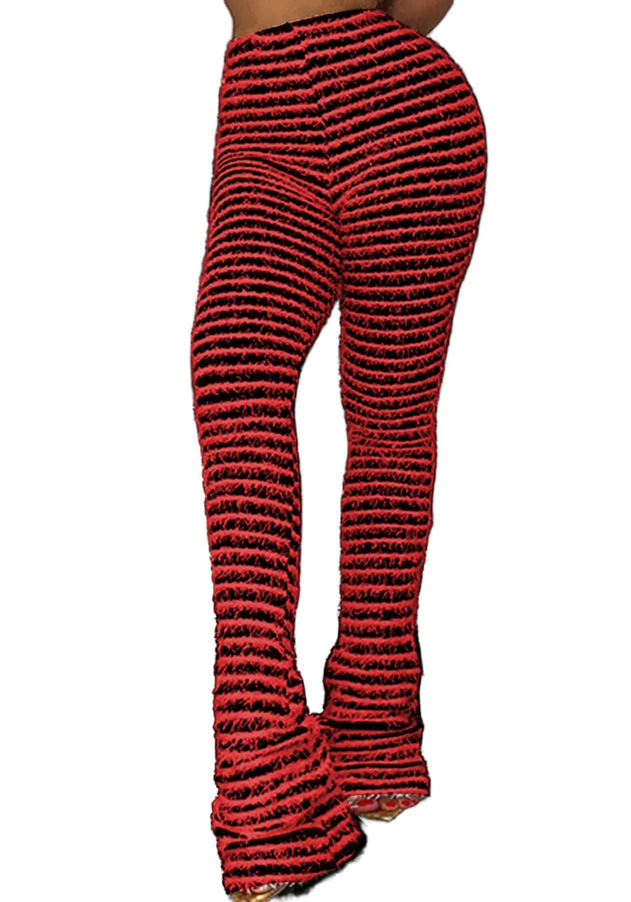 Stacked Fuzzy Pants for Women-Fringe Tassel Black and White Knit Striped Flare Sweatpants