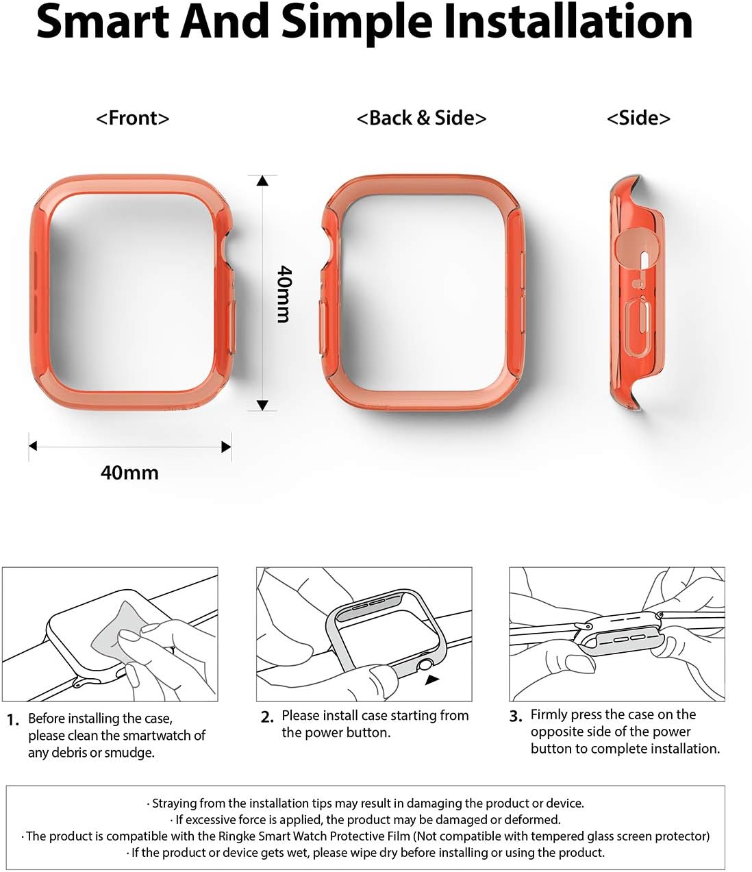 Ringke Slim for Apple Watch Series 6, 5, 4 (40mm), SE 3, 2, 1 (40mm) Case, Solid Lightweight Slim Cover for Women, Men - Clear & Coral - Image 8