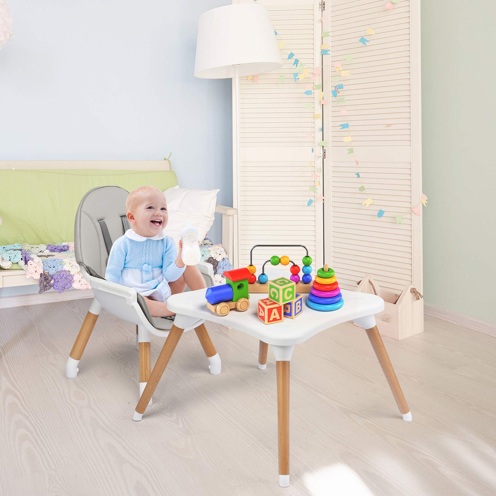 RELAX4LIFE 6 en 1 Trona para Bebés con Bandejas Dobles Extraíbles, Arnés de Seguridad de 5 Puntos, Patas de Madera Haya, Cojín Extraíble, Trona para Bebés 6-36 Meses (Gris)