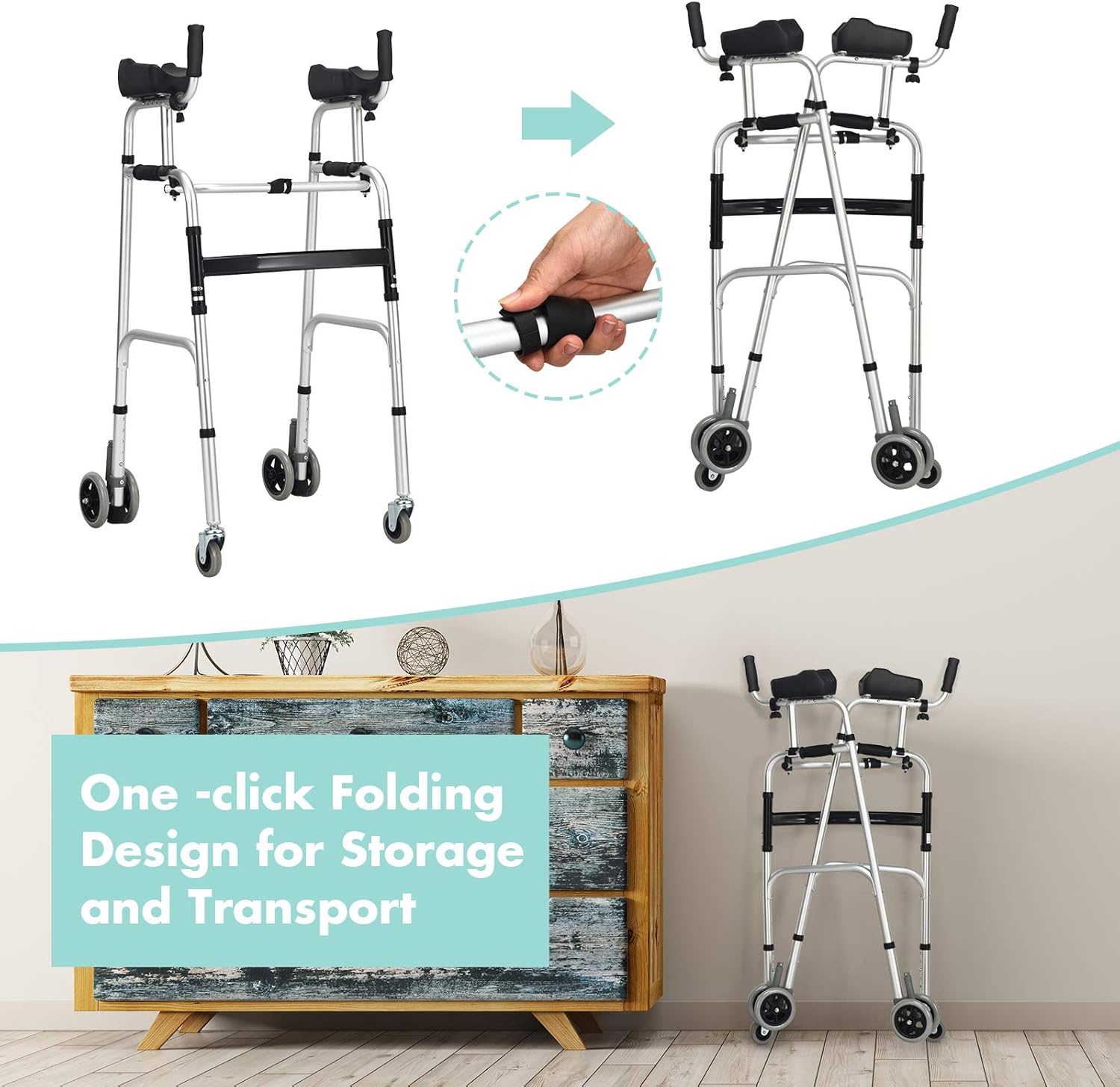 Goplus Foldable Standard Walker for Seniors, Aluminum Alloy Rehabilitation Auxiliary Walking with Armrest and Wheels, Height Adjustable Elderly Walking Mobility Aid for Disabled Limited Mobility : Health & Household