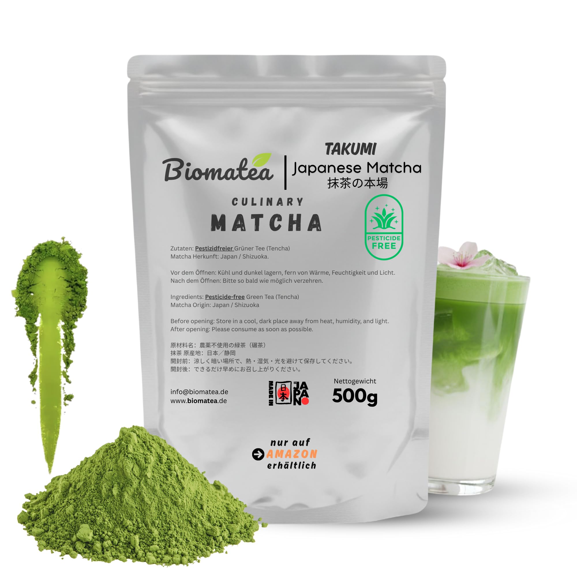 Biomatea Takumi Japanischer Matcha Tee Pulver | 500g Vorratspack | Leuchtend Grün, cremig, ohne Bitterkeit, Umami | Tencha Grüner Tee Pulver | ohne Zucker, Vegan