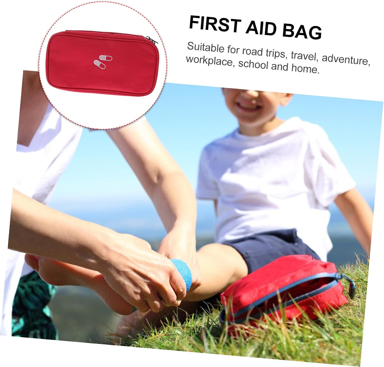 Portable First Aid Bag with Handle, Oxford Polyester | Mesh Pockets, Wear-Resistant Storage, Red Classic Cross Pattern, Easy Carry for Workplace and Home Use