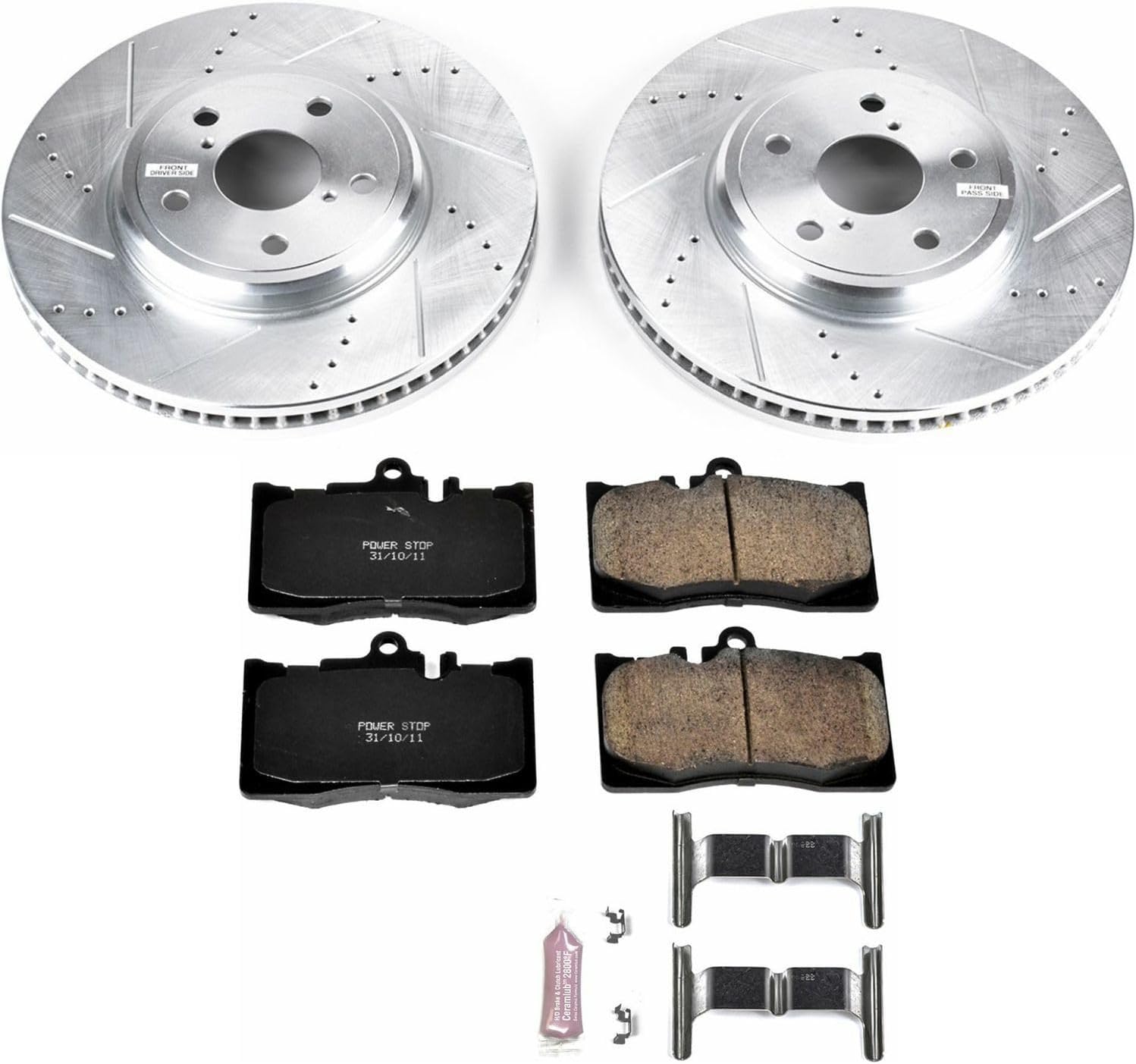 Power Stop K2327 Front Z23 Carbon Fiber Brake Pads with Drilled & Slotted Brake Rotors Kit and 2 Front Sensor Wires For Lexus LS430 2001-2006 [Model Specific]