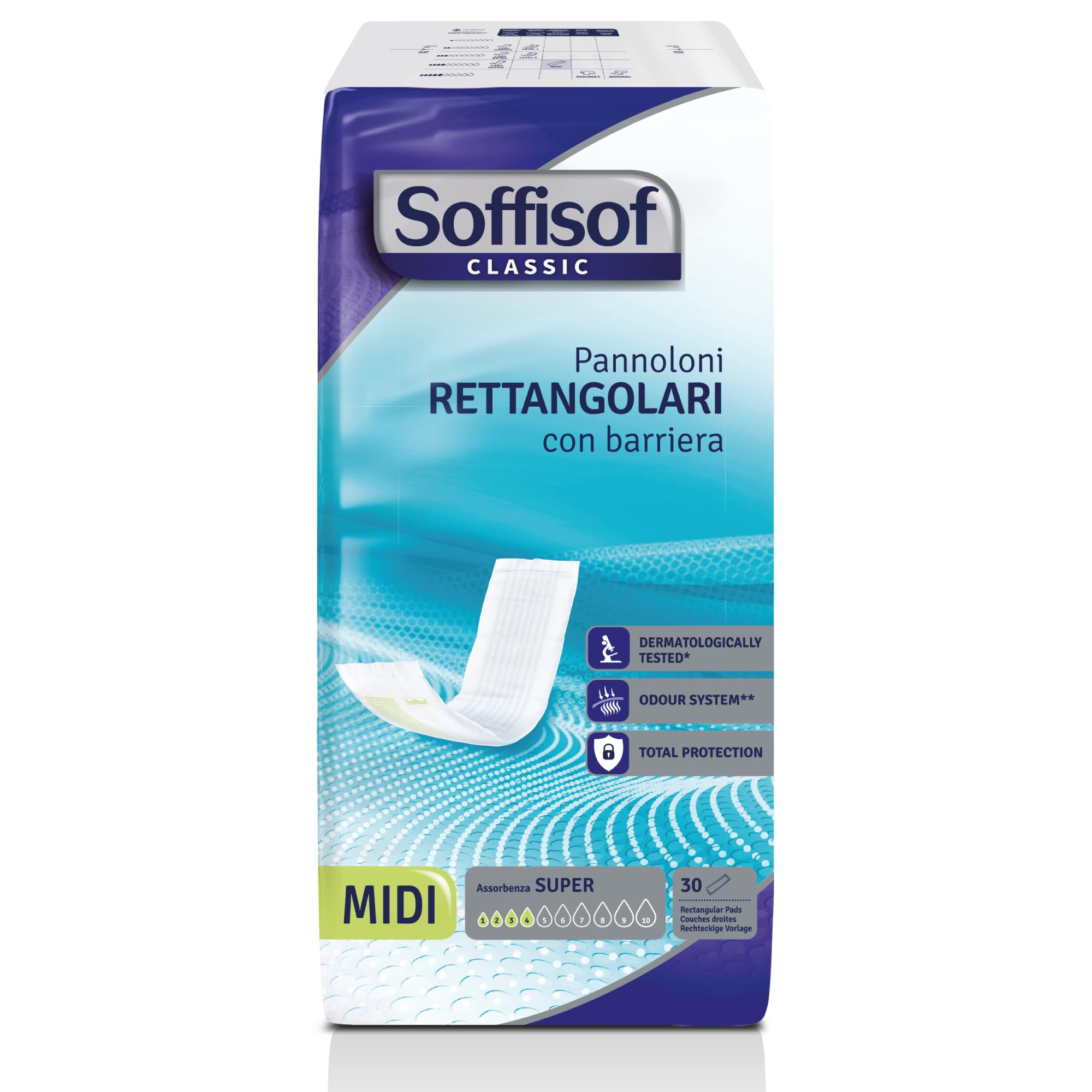 Soffisof Classic Rechteckige Windel mit Barriere für Erwachsene - 240x Inkontinenz Windeln - 8 Packungen mit 30 Windeln, 4 Tropfen - Einwegwindeln