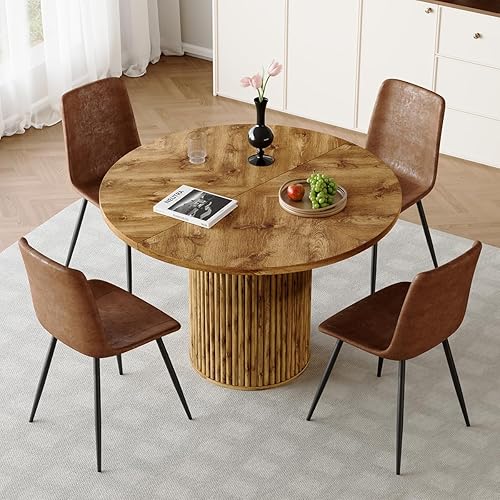 Miniatura 23 de Juego de mesa de comedor redonda para mesa de comedor de madera acanalada de 4,42 pulgadas para 4 con pedestal cilíndrico, juego de mesa y sillas de