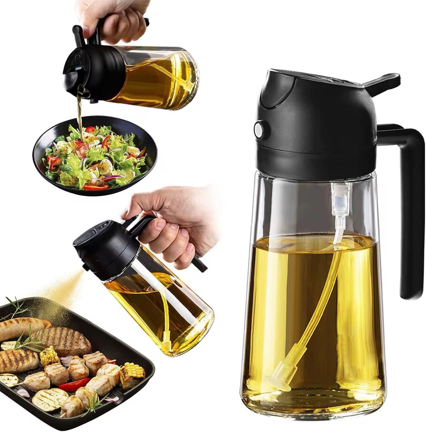2-in-1 Oil Sprayer and Dispenser – Glass Bottle for Olive Oil, Air Fryer, Salad, and BBQ – 470ml (Black)