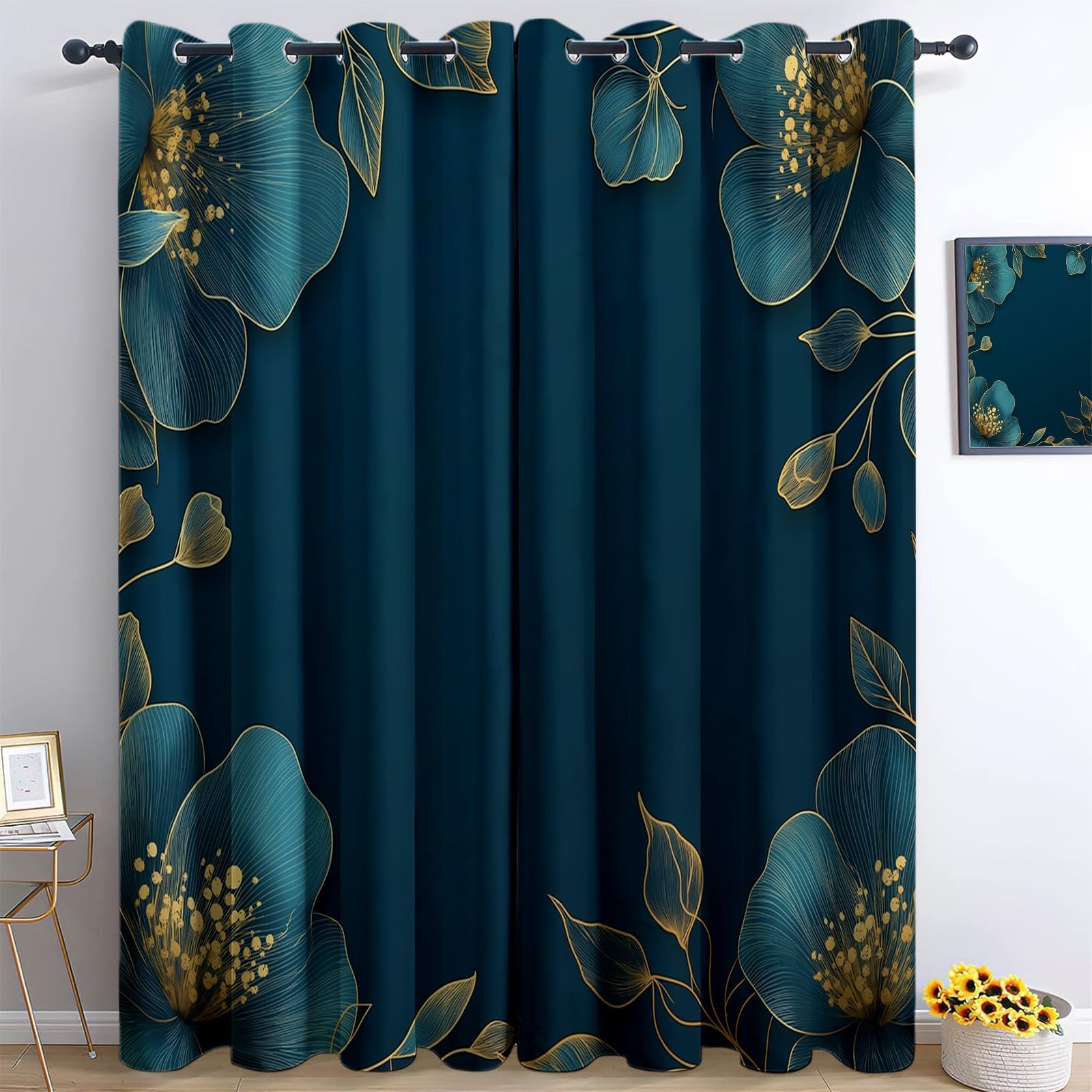 Rideaux Isolants 110L X 215H cm (2 Panneaux), Design Fleurs Modernes Cadre Tenture Opaque Anti-Chaleur pour Chambre Principale, Bleu Or