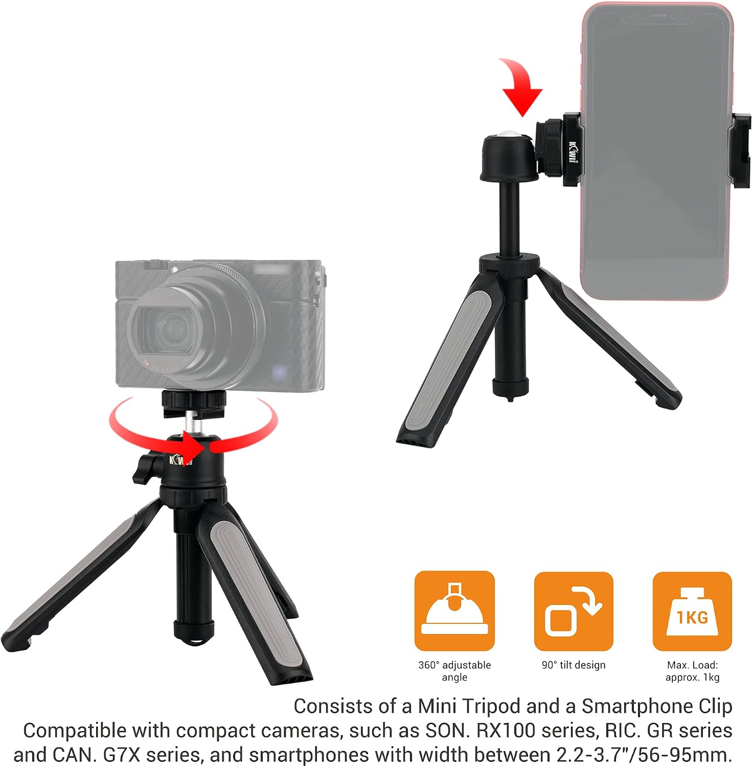 KIWIFOTOS 2IN1 Telescopic Handgrip & Mini Tripod Stand with Smart Phone Clip - Image 3
