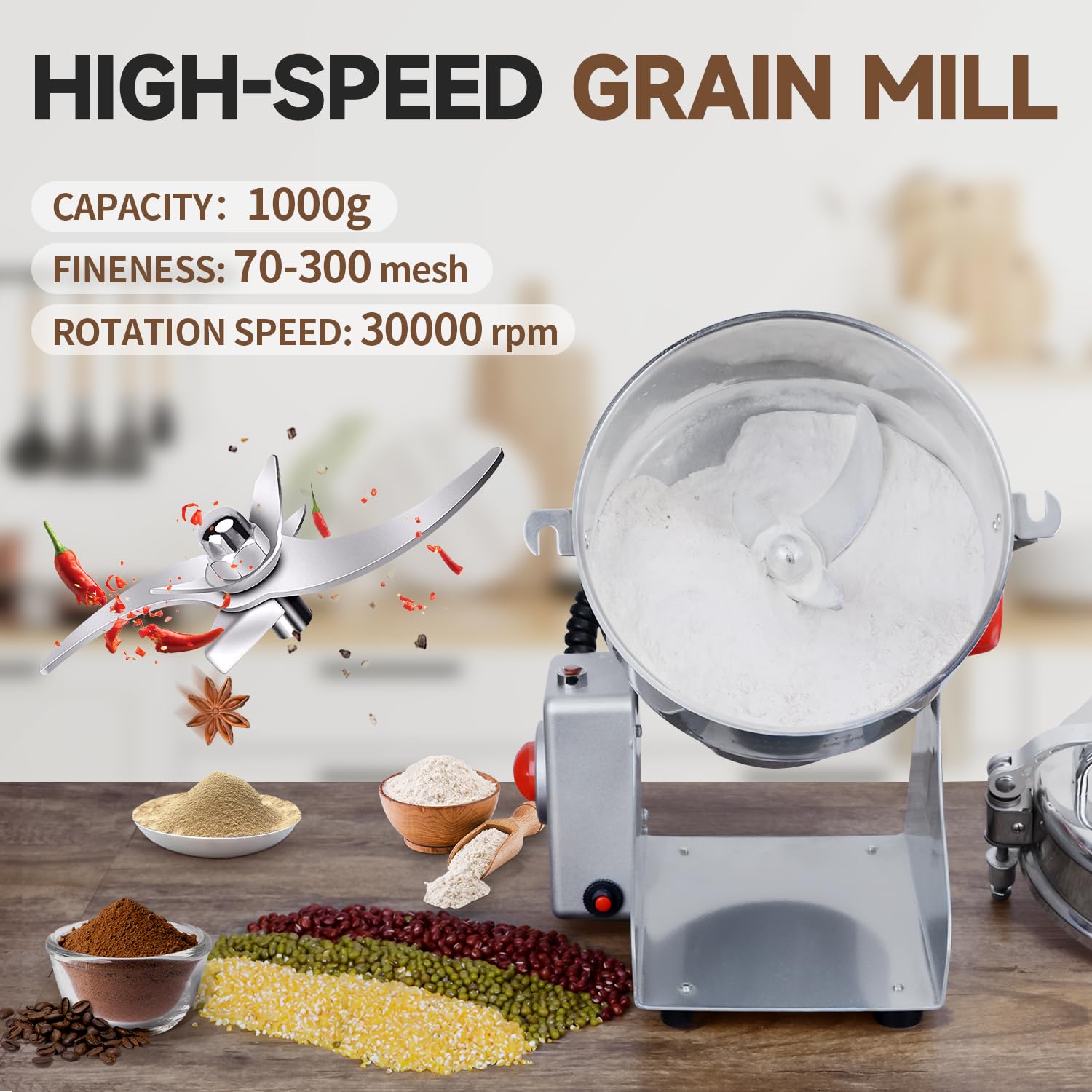 Goldtouch GetreidemüHle Elektrische 1000g 3000W Electric Grain Mill 30000U/min 304 Edelstahl Kommerzieller Motor mit Überlastschutz,70-300 Mesh Mehlmühle,Kornmühle für Reis,Sonnenblumenkerne,Zimt,Mais