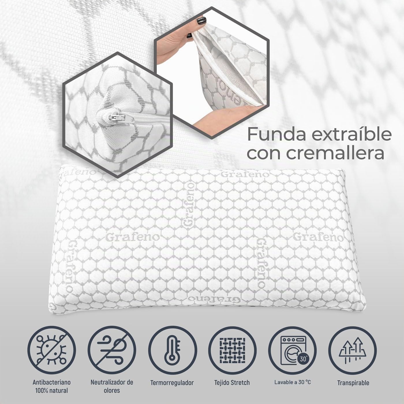 amuéblate online - Almohada Viscoelástica Carbono Visco | Máximo Confort y Excelente Adaptabilidad con Propiedades Antiestrés | 2 Unidades de 90 x 40 cm