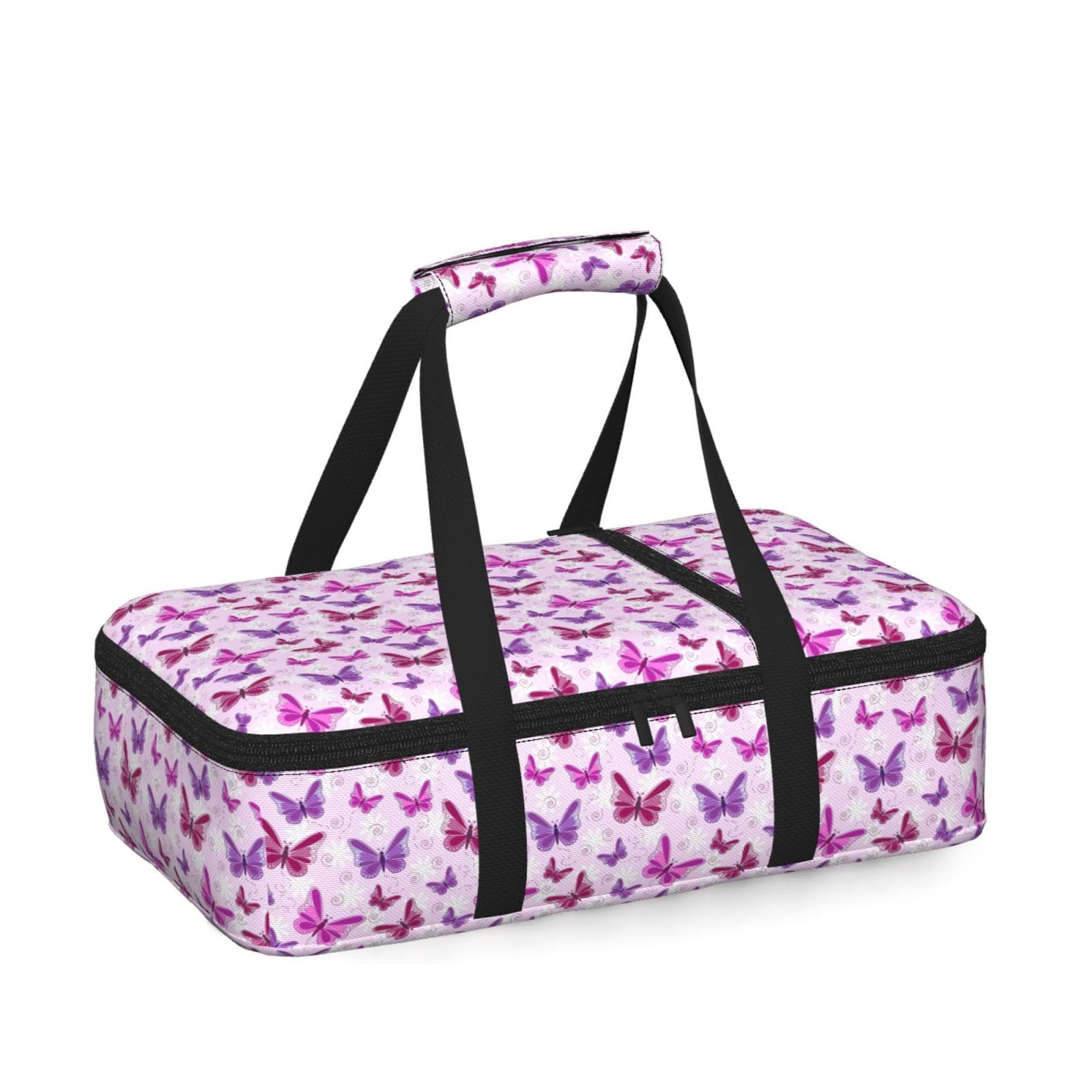 Pink Butterfly Print Insulated Thermal Food Storage Bag Daily Reusable Picnic Tote Lunch Box Home