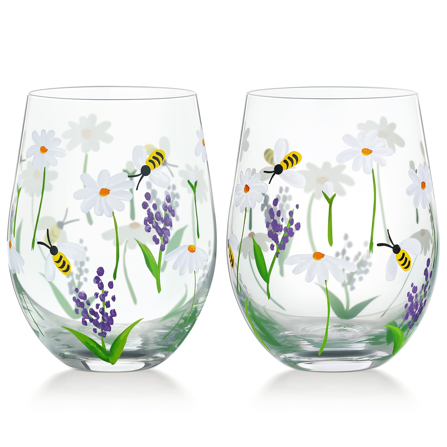 NymphFable Hand Painted Stemless Wine Glass 18oz Set of 2 Daisy Bee Wine Tumbler Personalised Birthday Gifts for Her
