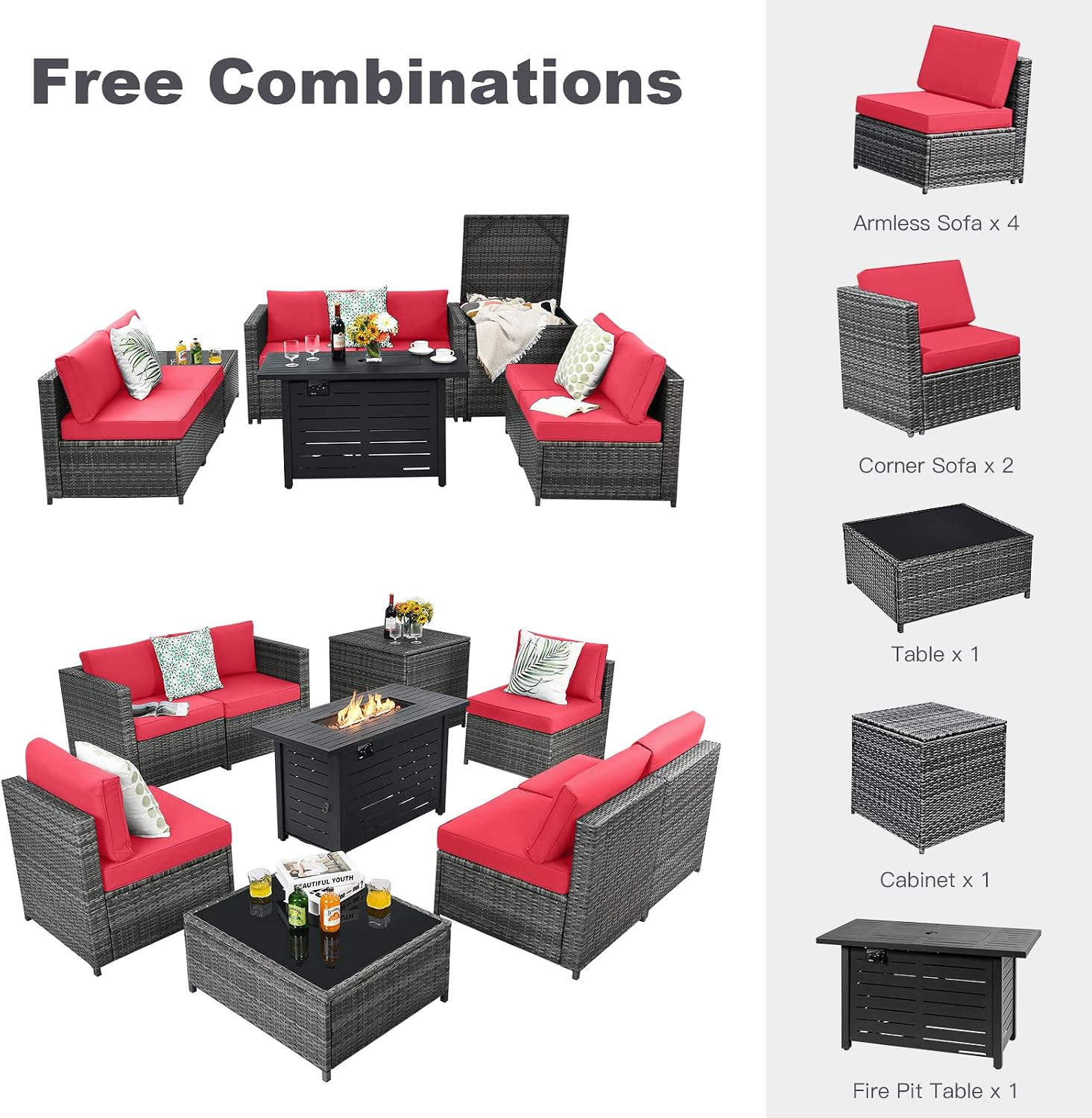 Tangkula 9 Pieces Patio Rattan Furniture Set, Patiojoy Sectional Sofa Set w/Fire Pit Table, Storage Box, Coffee Table, Outdoor Wicker Conversation Set w/ 42” ETL Approved Propane Fire Pit Table (Red)