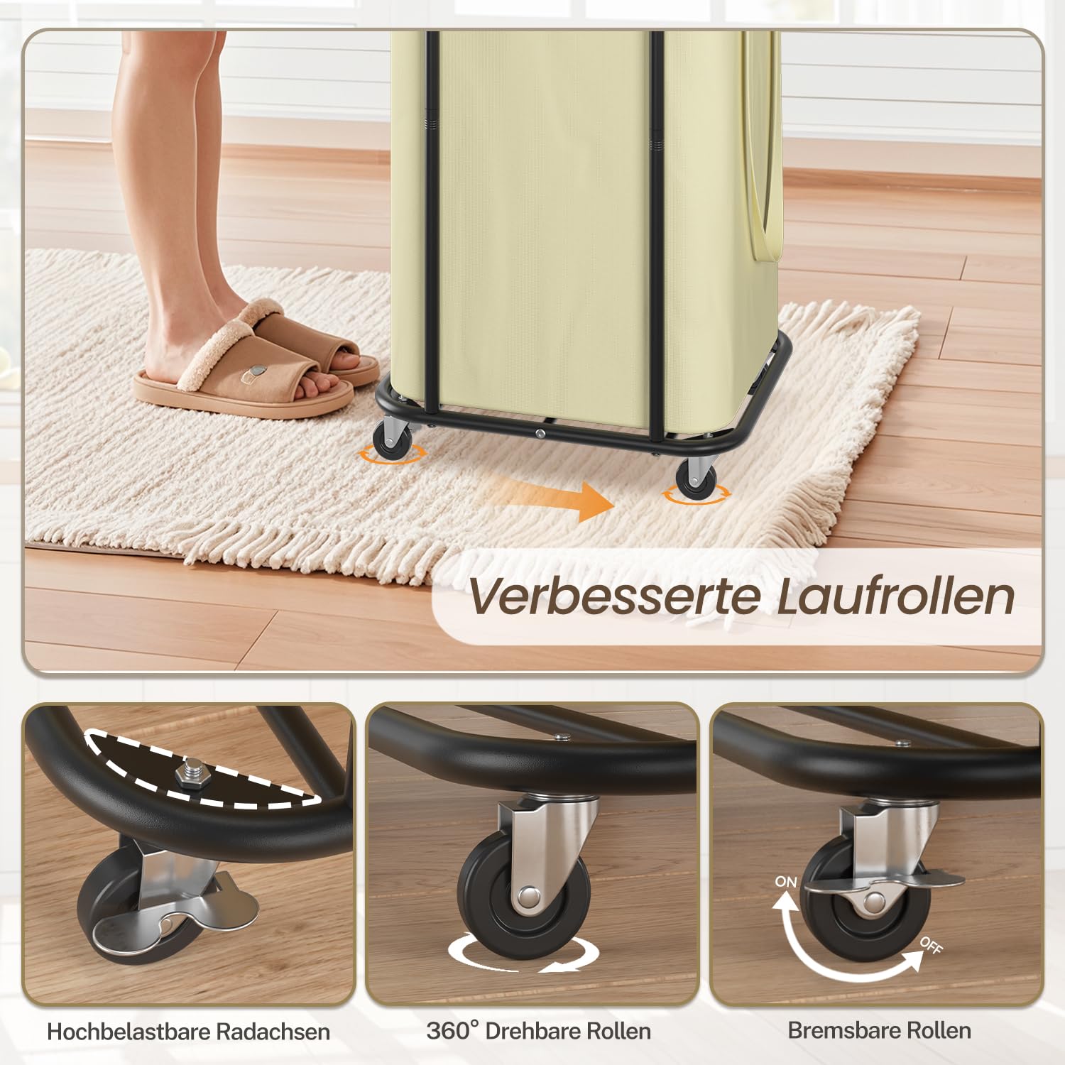 LASZOLA - Cesta grande para ropa sucia con ruedas, 120 L, con bolsa de lona extraíble, carrito de lavandería moderno de metal resistente para baño, lavandería, dormitorio, beige